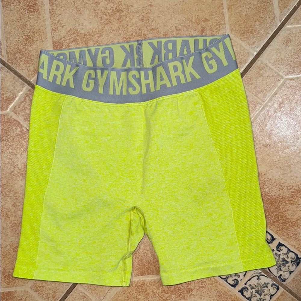 Gymshark Neon Yellow High-Waist Shorts with Gray Logo Waistband